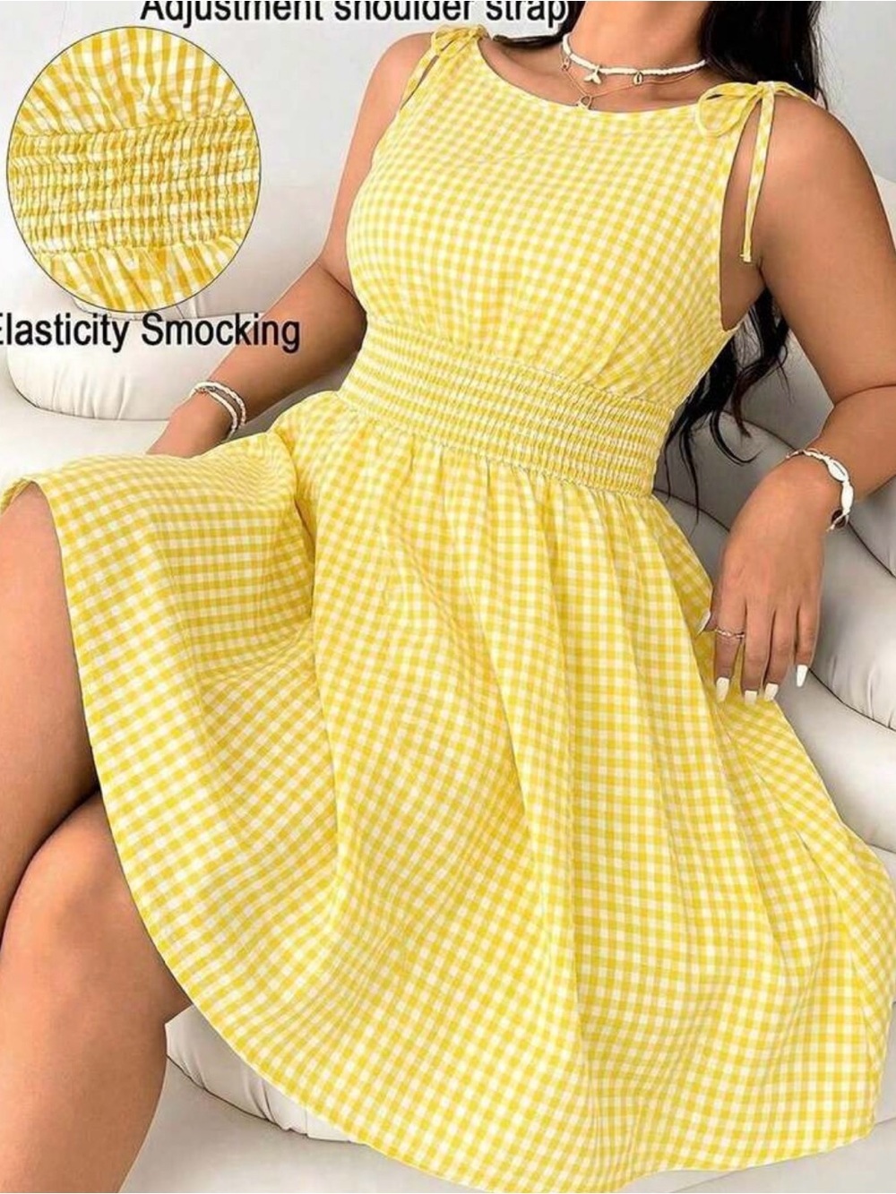 SHEIN Yellow Tie-Shoulder Smocked Midi Dress